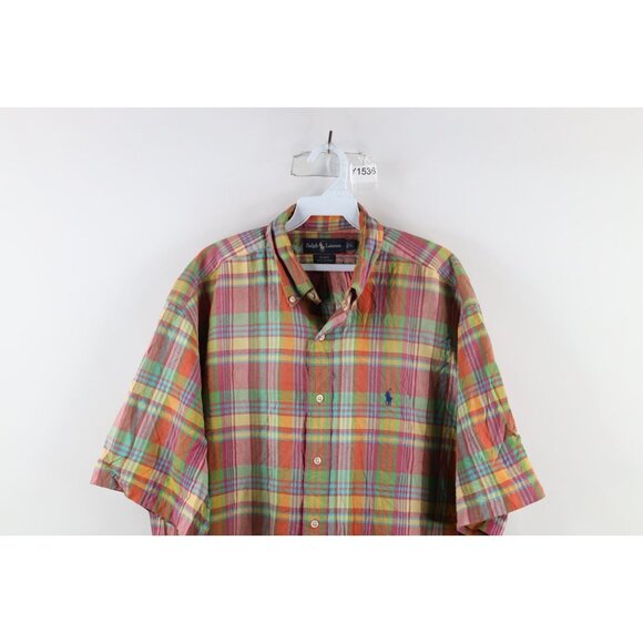 Vtg 90s Ralph Lauren Mens Large Faded India Madras Plaid Button Shirt Rainbow - Picture 2 of 10